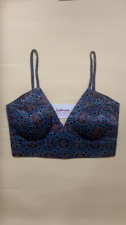 Kaira- rich blue ajrakh spaghetti blouse