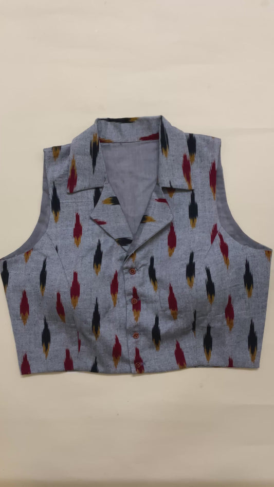 Ikkat blazer-collar fusing blouse