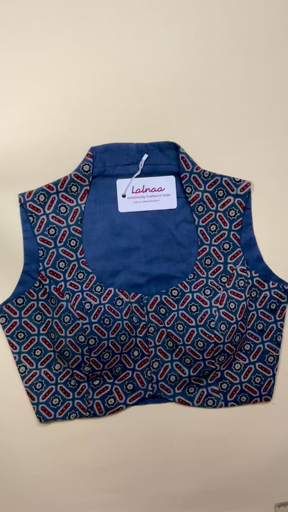 ADDA Ajrakh-Inspired Blouse – Blue Geometric Print