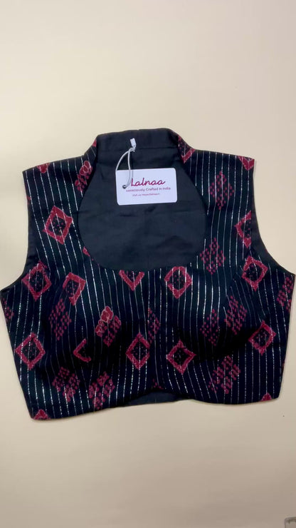 ADDA  Ikat Stripe Blouse – Black with Red Motifs