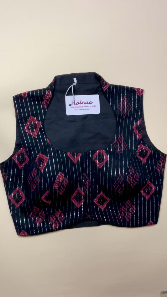 ADAA  Ikat Stripe Blouse – Black with Red Motifs