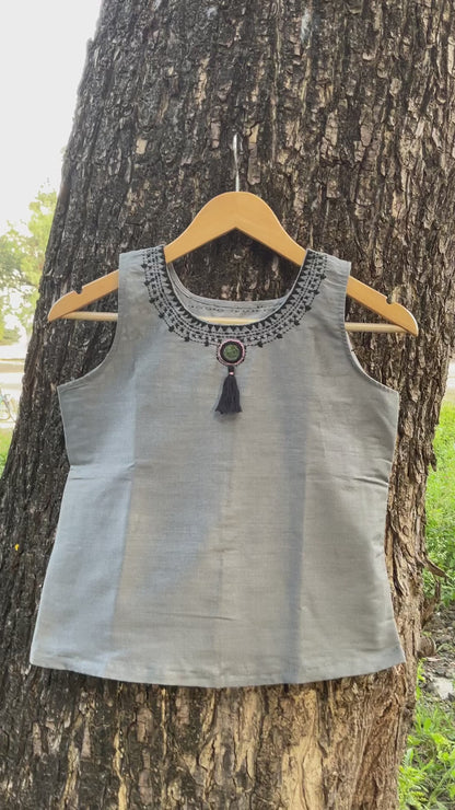 Juhi Hand-Embroidered Cotton Silk Top with Mirror & Tassel Detailing