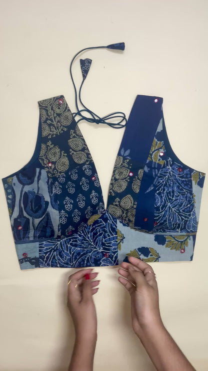 Indigo patchwork deep-v neck blouse